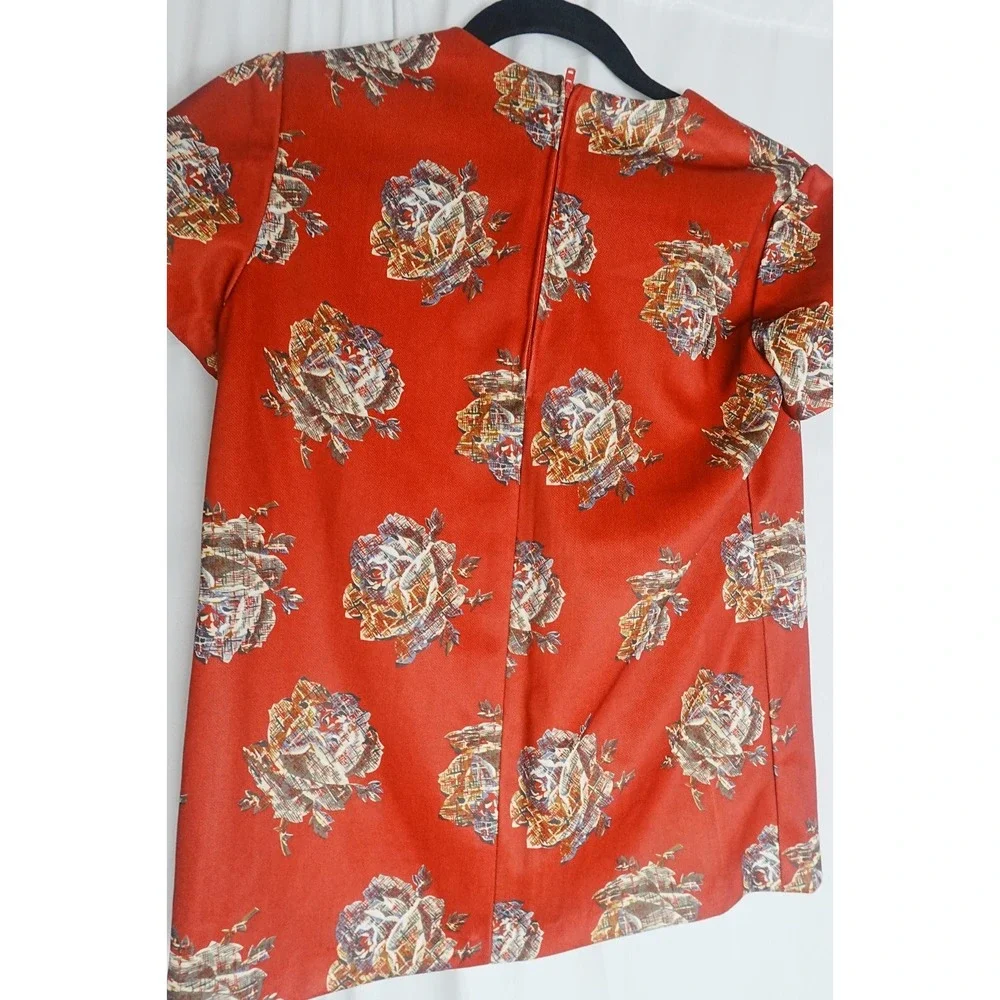 Vintage Womens Boho Blouse Red Top Sz Sm Floral Polyester Short Sleeve‎ Zipper